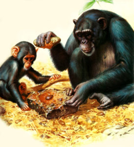 Pintura de un chimpancé madre y su hijo