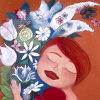 pintura pastel mujer con ramo de flores