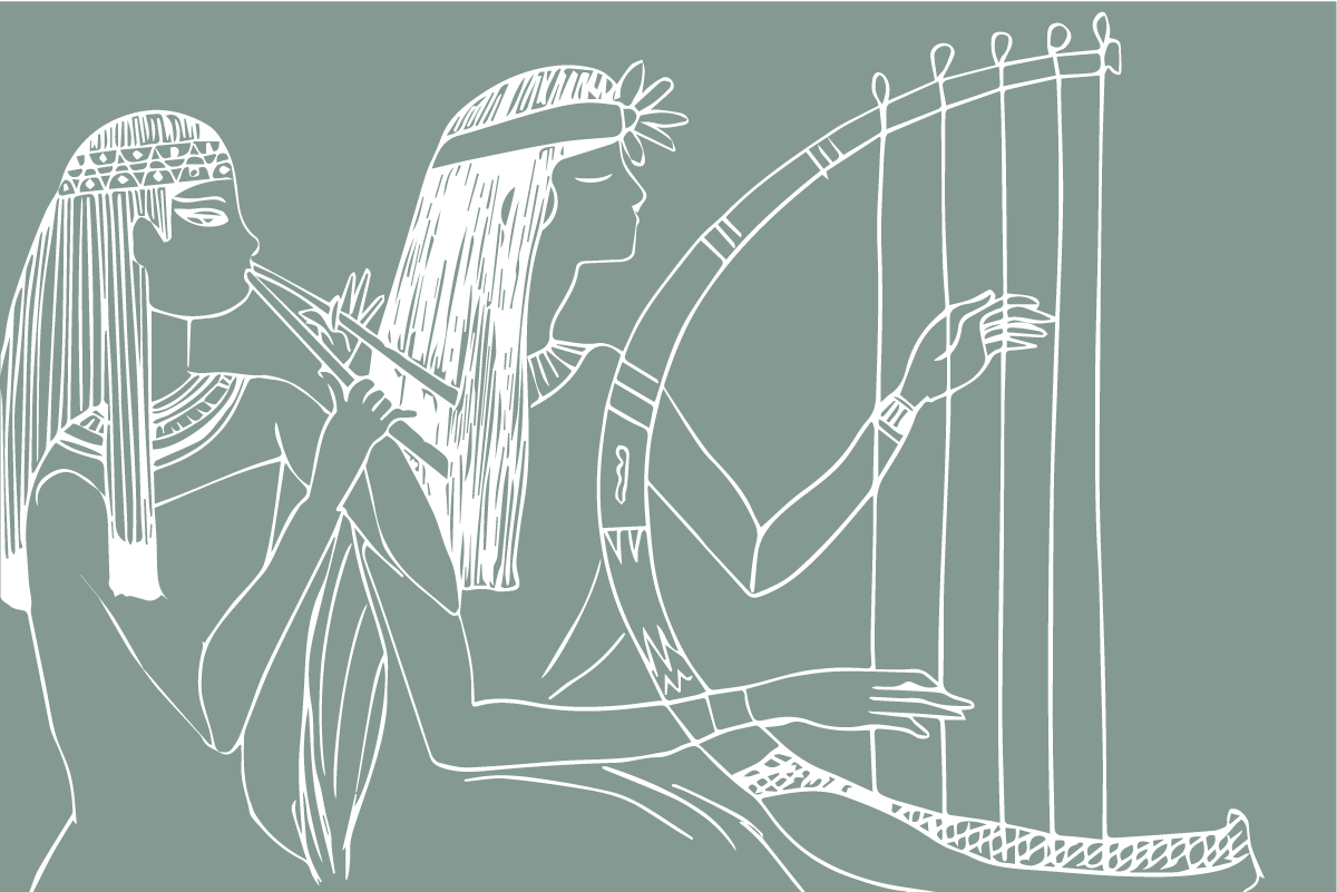 Ilustración con dos mujeres egipcias tocando música