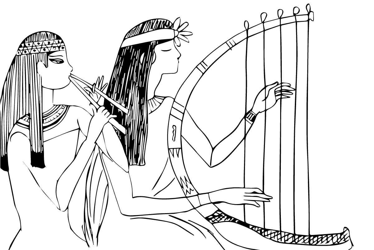 Ilustración con dos mujeres egipcias tocando música