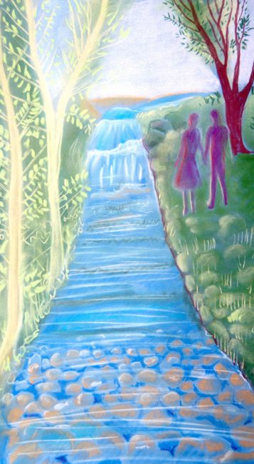 pintura río paseo pareja amor