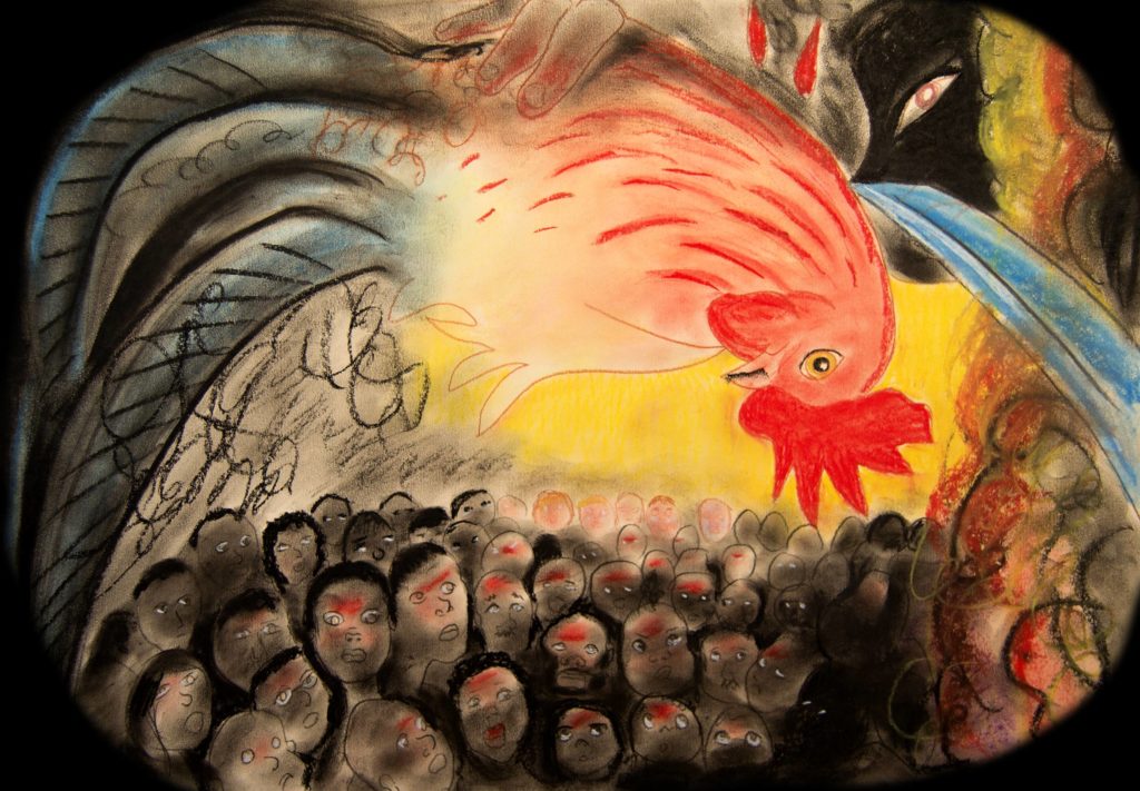 Pintura pastel con Ritual matanza del gallo Ritual matanza del gallo